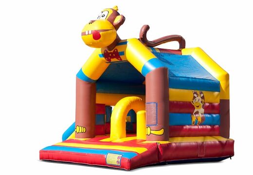 Opblaasbaar overdekt multiplay multifun springkussen met glijbaan kopen in thema aap monkey voor kinderen. Bestel springkussens online bij JB Inflatables Nederland