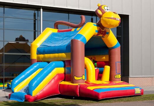 Overdekt multifun springkussen met glijbaan in thema monkey met 3D object aan de bovenkant bestellen voor zowel jonge als oudere kinderen. Koop springkussens online bij JB Inflatables Nederland