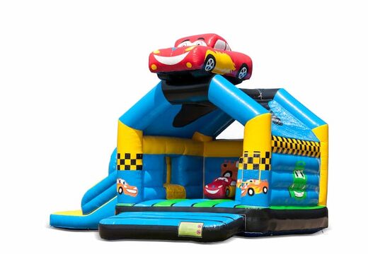 Opblaasbaar overdekt multiplay multifun springkussen met glijbaan kopen in thema auto cars voor kinderen. Bestel springkussens online bij JB Inflatables Nederland