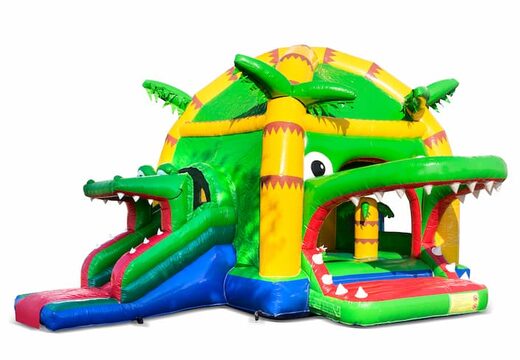 Opblaasbaar overdekt multifun super springkussen met glijbaan kopen in thema krokodil voor kinderen. Bestel springkussens online bij JB Inflatables Nederland