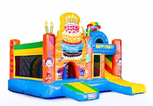 Medium opblaasbare multiplay springkasteel in feest thema te bestellen voor kinderen. Bestel opblaasbare springkastelen online at JB Inflatables Nederland