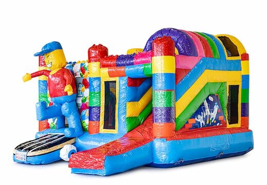 Opblaasbaar overdekt multiplay springkussen met glijbaan kopen in thema superblocks lego voor kinderen. Bestel opblaasbare springkussens online bij JB Inflatables Nederland