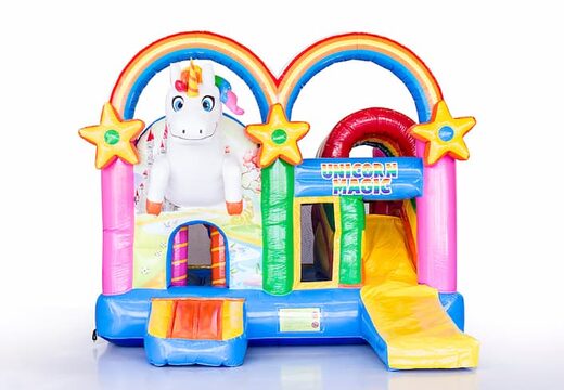 Multiplay Unicorn springkussen met een glijbaan, leuke objecten op het springvlak en opvallende 3D objecten kopen voor kinderen. Bestel opblaasbare springkussens online bij JB Inflatables Nederland