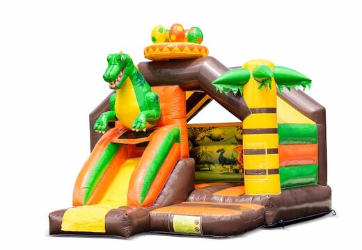 Opblaasbaar slide combo springkussen met groene dinosaurus kopen voor kinderen. Bestel springkussens in dinosaur thema bij JB Inflatables Nederland