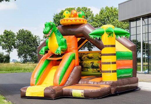 Opblaasbare slide combo dinosaurus springkussen te koop voor kinderen. Koop nu springkussens met glijbaan bij JB Inflatables Nederland