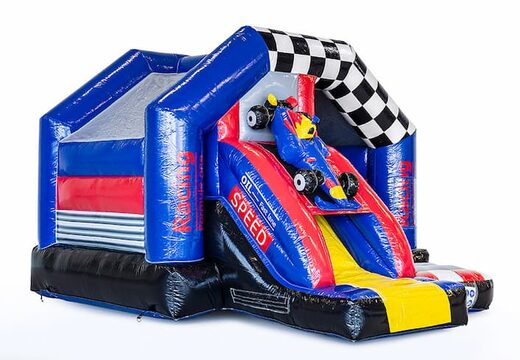 Bestel opblaasbare slide combo springkussen voor kinderen in formule 1 thema. Opblaasbare springkussen met glijbaan te koop bij JB Inflatables Nederland