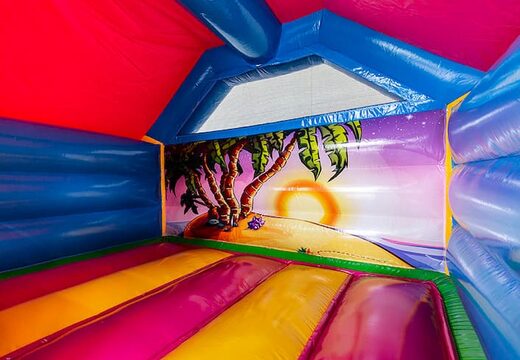 Opblaasbaar slide combo springkussen met glijbaan bestellen in flamingo voor kinderen. Koop springkussens met roze flamingo bij JB Inflatables Nederland