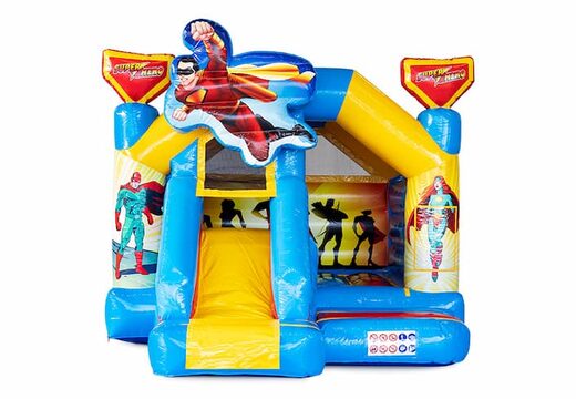 Opblaasbare slide combo springkussen in superhero thema te koop bij JB Inflatables. Bestel opblaasbare springkussens met glijbaan bij JB Inflatables Nederland