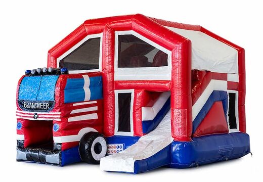 Opblaasbaar overdekt multiplay springkasteel met glijbaan kopen in thema brandweer voor kinderen. Bestel opblaasbare springkussens online bij JB Inflatables Nederland