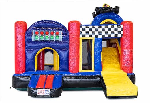 Medium opblaasbare multiplay springkasteel in formule 1 thema te bestellen voor kinderen. Bestel opblaasbare springkastelen online at JB Inflatables Nederland