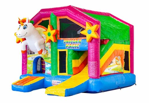 Opblaasbaar overdekt multiplay springkussen met glijbaan kopen in thema unicorn voor kinderen. Bestel opblaasbare springkussens online bij JB Inflatables Nederland