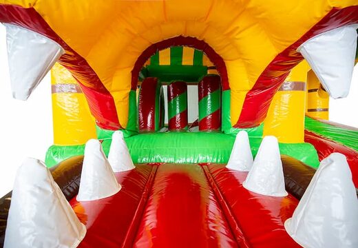 Opblaasbaar overdekt multiplay springkussen met glijbaan kopen in thema jungle voor kinderen. Bestel opblaasbare springkussens online bij JB Inflatables Nederland