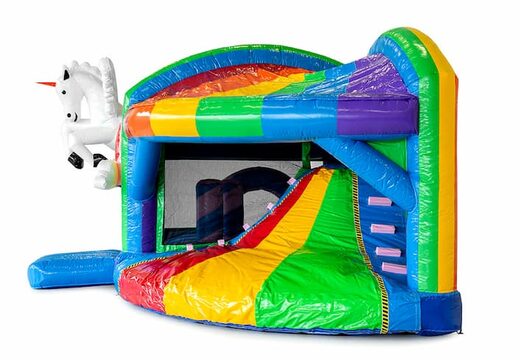 Bestel middelmatig opblaasbare multiplay springkussen in unicorn thema met glijbaan voor kinderen. Koop opblaasbare springkussens online bij JB Inflatables Nederland