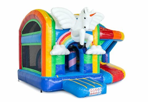 Opblaasbaar overdekt multiplay springkussen  met glijbaan bestellen in thema unicorn voor kids. Koop opblaasbare springkussens online bij JB Inflatables Nederland