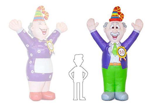 Opblaasbare Abraham pop juichend met groene broek en paars jasje te koop als blikvanger 