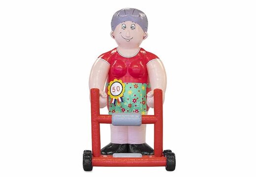 Opblaasbare Sarah pop oud met rollator in de tuin blikvanger kopen voor 50 verjaardag feest jubileum bij JB Inflatables
