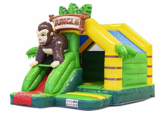 Slide combo opblaasbaar springkussen met glijbaan in jungle thema met gorilla erop bestellen