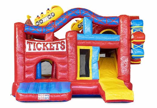 Koop middelmatig opblaasbare multiplay springkussen in rollercoaster thema met glijbaan voor kinderen. Bestel opblaasbare springkussens online bij JB Inflatables Nederland