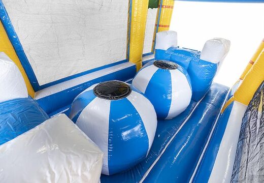 Bestel modulaire 19meter lange stormbaan in surf thema met passende 3D objecten bestellen voor kinderen.  Koop opblaasbare stormbanen nu online bij JB Inflatables Nederland