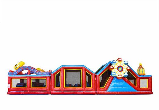 Bestel modulaire 19m lange stormbaan in thema rollercoaster met passende 3D objecten en dubbele parcours in verschillende thema's voor kinderen. Koop opblaasbare stormbanen nu online bij JB Inflatables Nederland