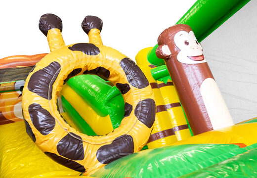 Bestel opblaasbare glijbaan met springkussen gedeelte in jungle thema voor kinderen