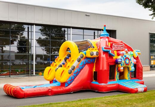 Multiplay super opblaasbaar springkussen met glijbaan in achtbaan thema rood bestellen voor kinderen