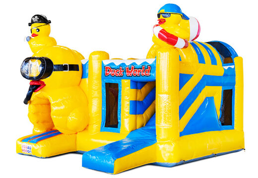opblaasbaar luchtkussen met glijbaan in het geel met eendjes erop kopen voor kinderen