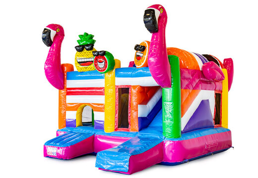 Opblaasbaar open multiplay springkussen met glijbaan kopen in thema flamingo voor kinderen. Bestel opblaasbare springkussens online bij JB Inflatables Nederland
