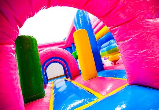 Binnenkant van springkussen Dubbelslide Multiplay blauw geel roze