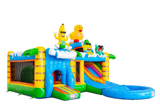 Zijkant Multiplay Dubbelslide met zwembad in summerparty thema